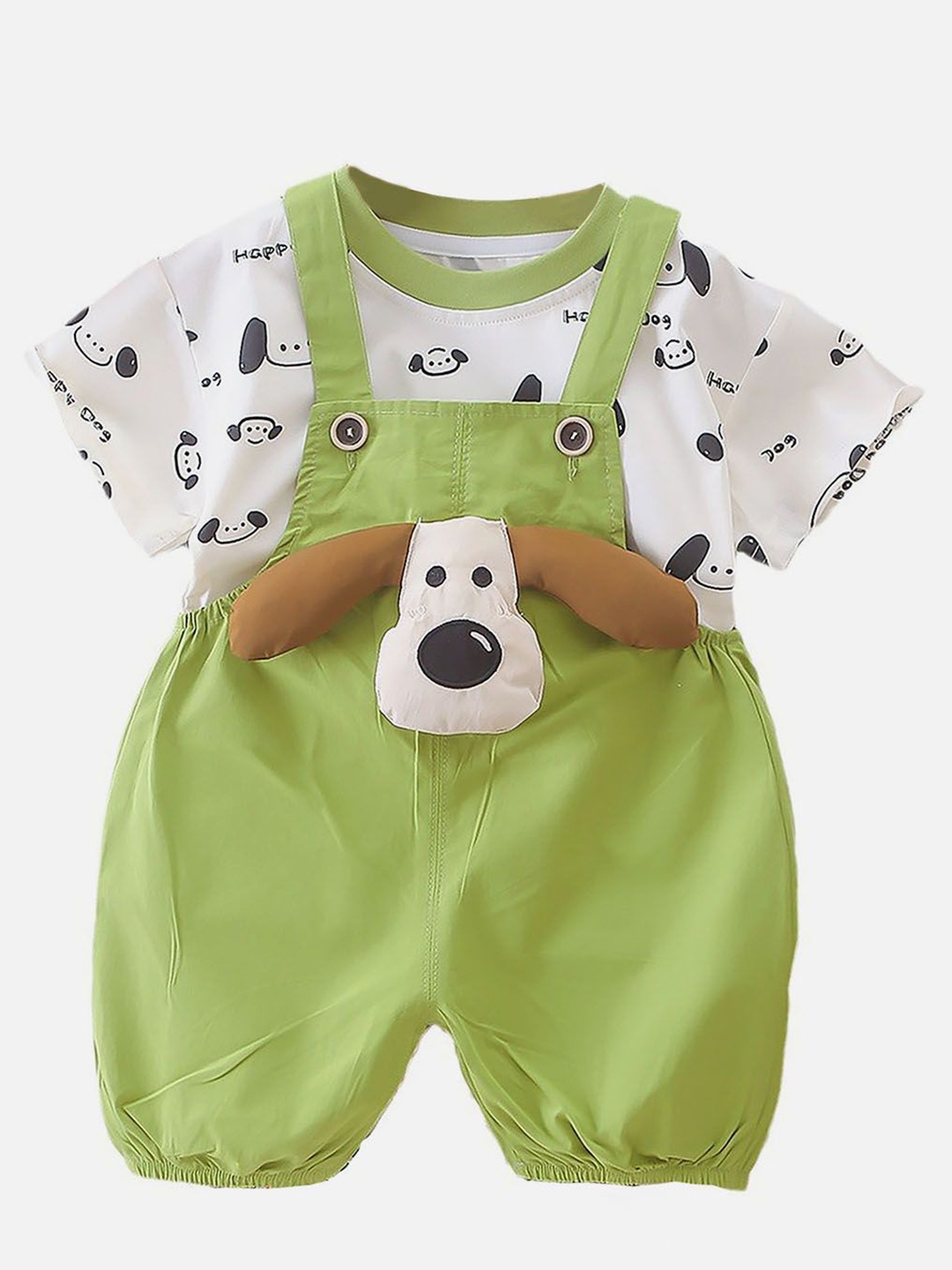 

Little Surprise Box LLP Kids Happy Dog Dungarees With T-Shirt, Green