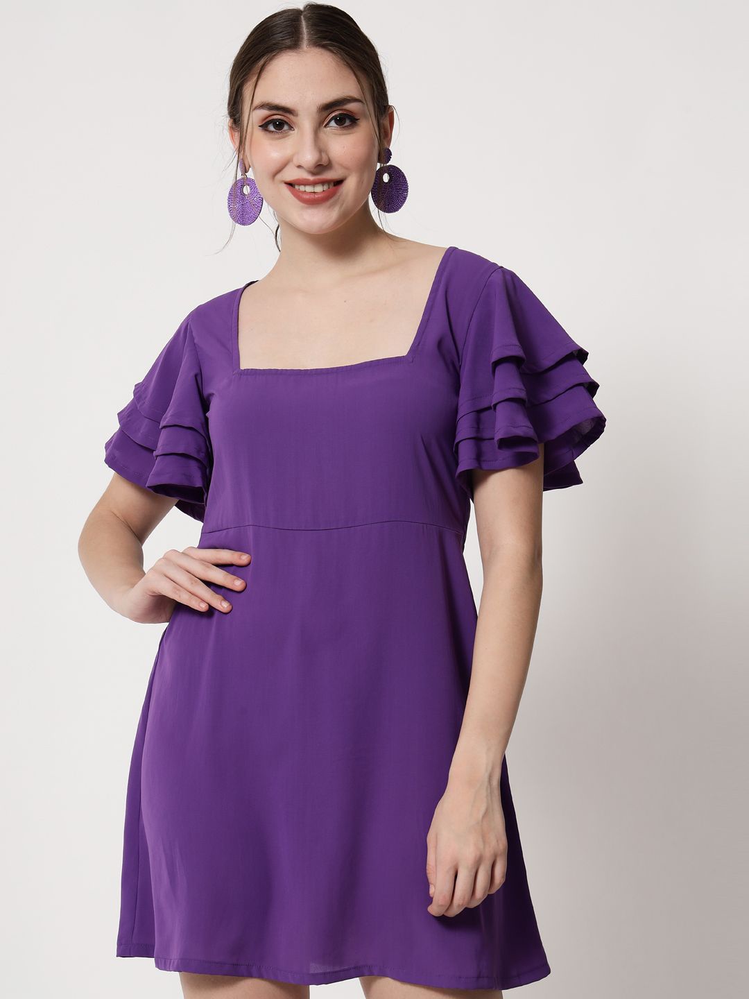 

BAESD Flared Sleeve Crepe Fit & Flare Mini Dress, Purple