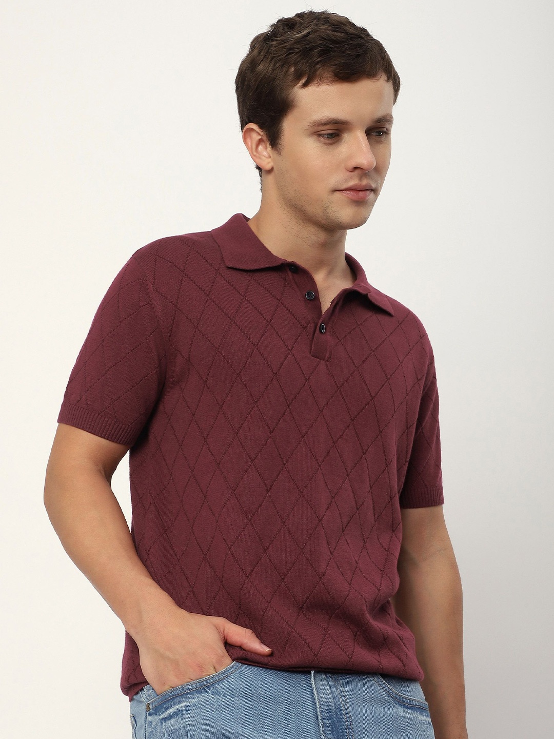 

Beyoung Men Printed Polo Collar Pockets T-shirt, Maroon