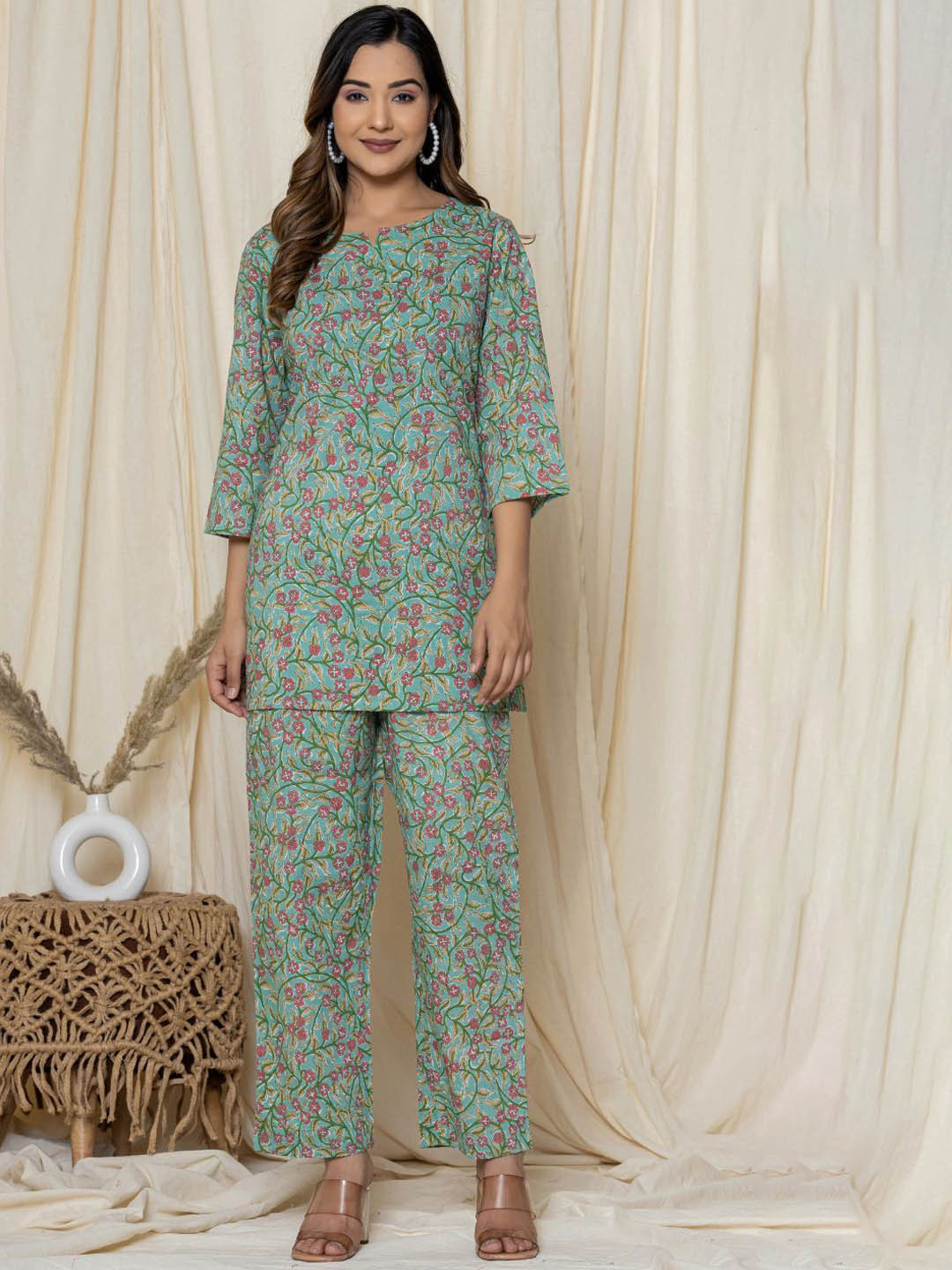 

Serenita Printed Pure Cotton Top With Trouser Co-Ords, Green