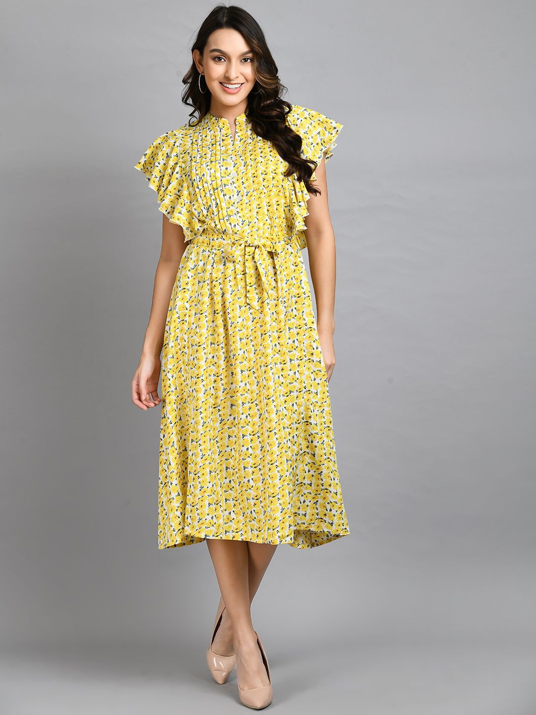 

all about you Women Floral Printed Flutter Sleeve Fit & Flare Midi Dress, Yellow