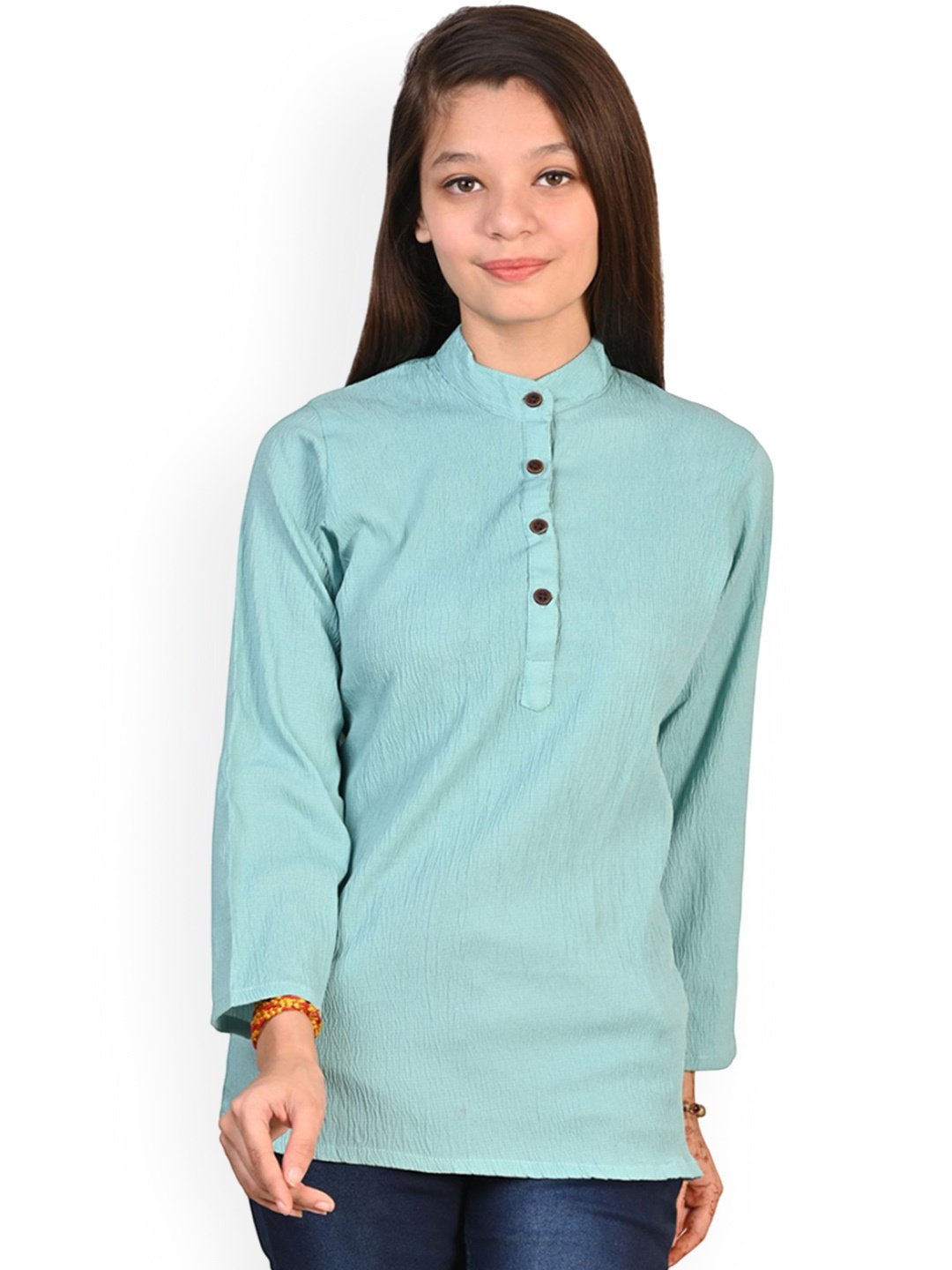 

BAESD Girls Band Collar Straight Crepe Kurta, Blue