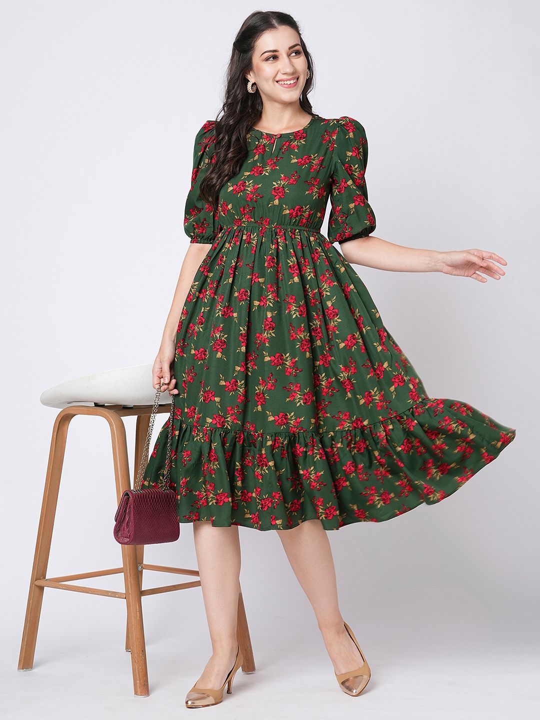 

Selvia Print Crepe Fit & Flare Dress, Green