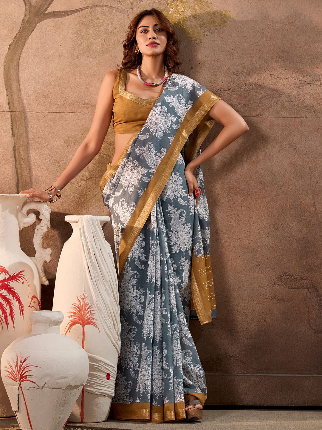 

Mitera Embellished Zari Saree, Grey