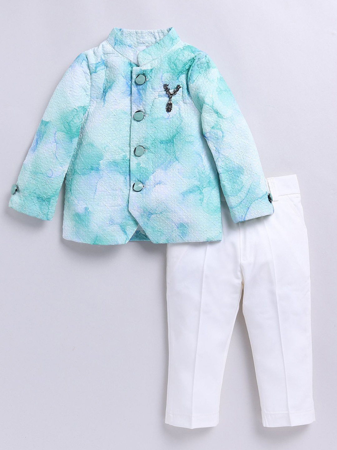 

Little Collars Luxe Embroidered Bandhgala Set, Green