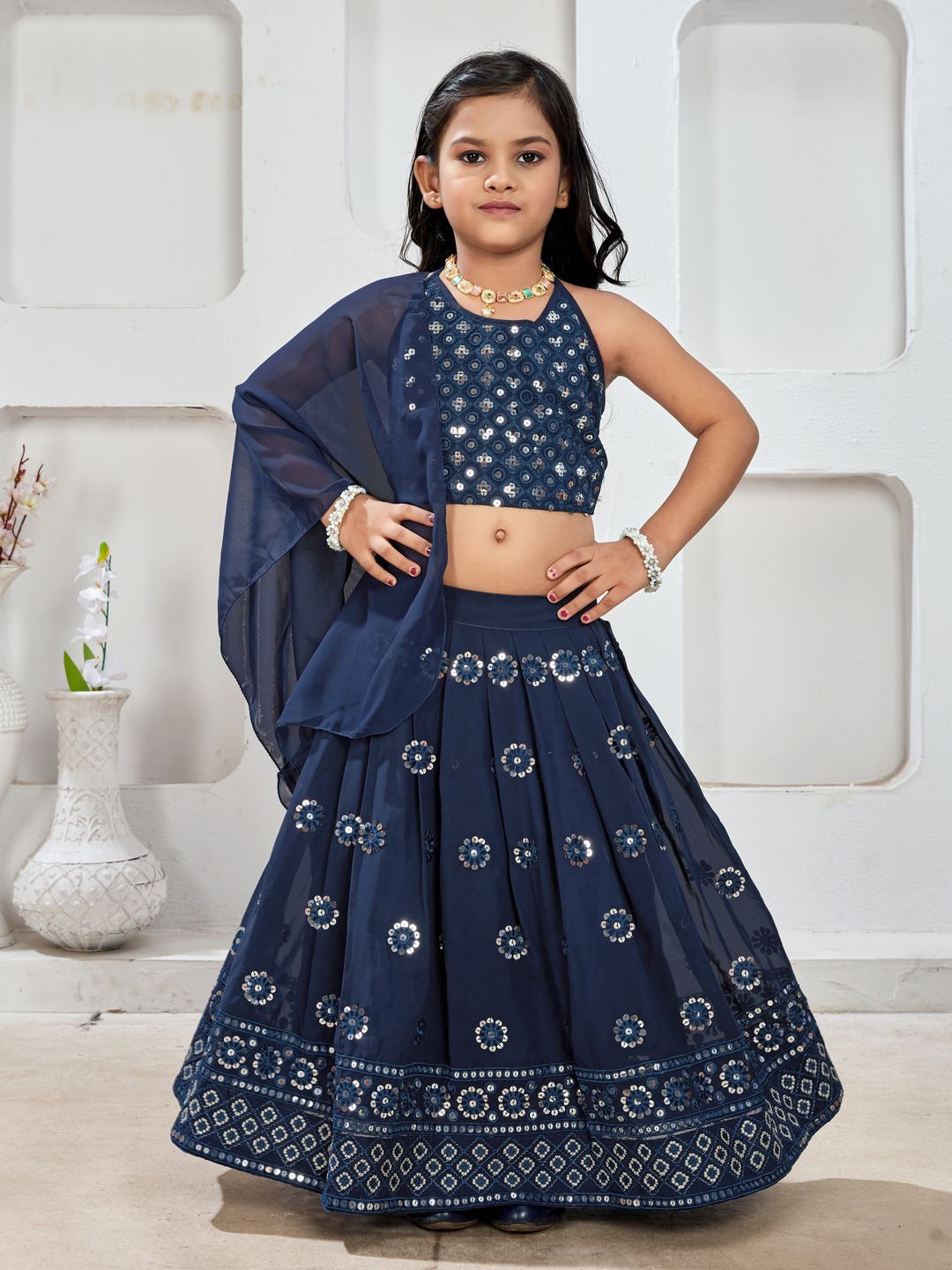 

BAESD Girls Embroidered Mirror Work Ikat Ready to Wear Lehenga & Blouse With Dupatta, Teal