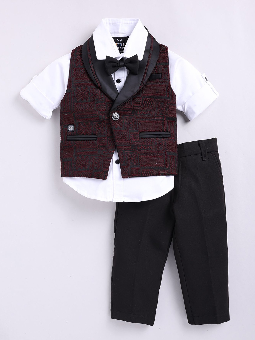 

LITTLE COLLARS Boys Embroidered Partywear Shirt Waistcoat With Trousers & Bow, Maroon