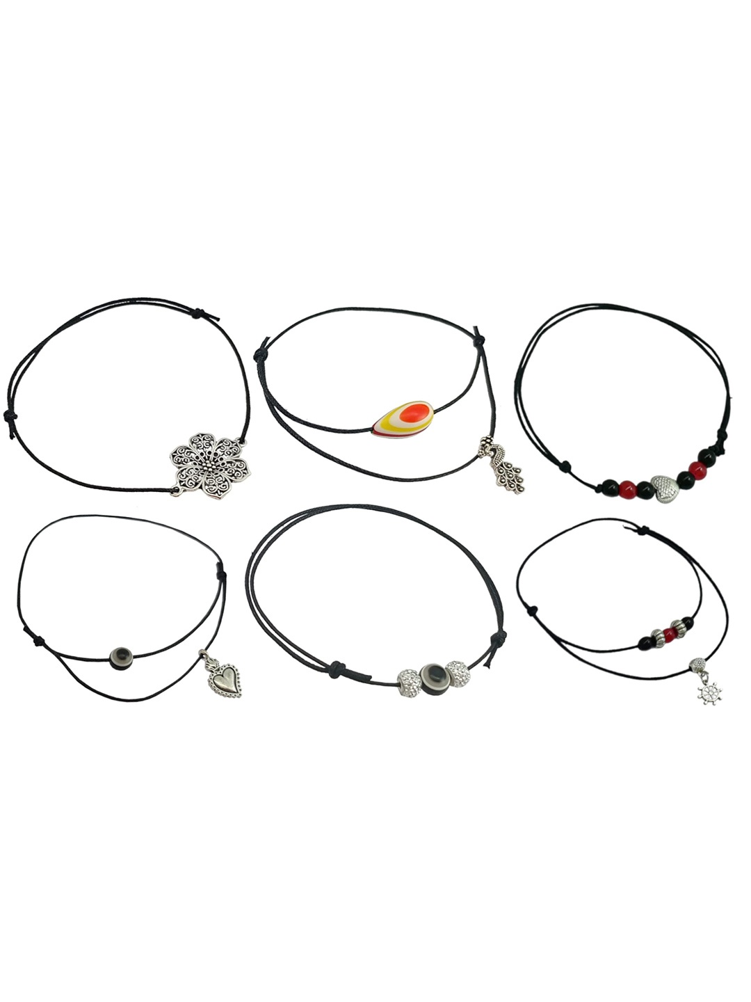 

HIGH TRENDZ Pack Of 6 Black Thread Adjustable Knot Anklet With Oxidised Beads