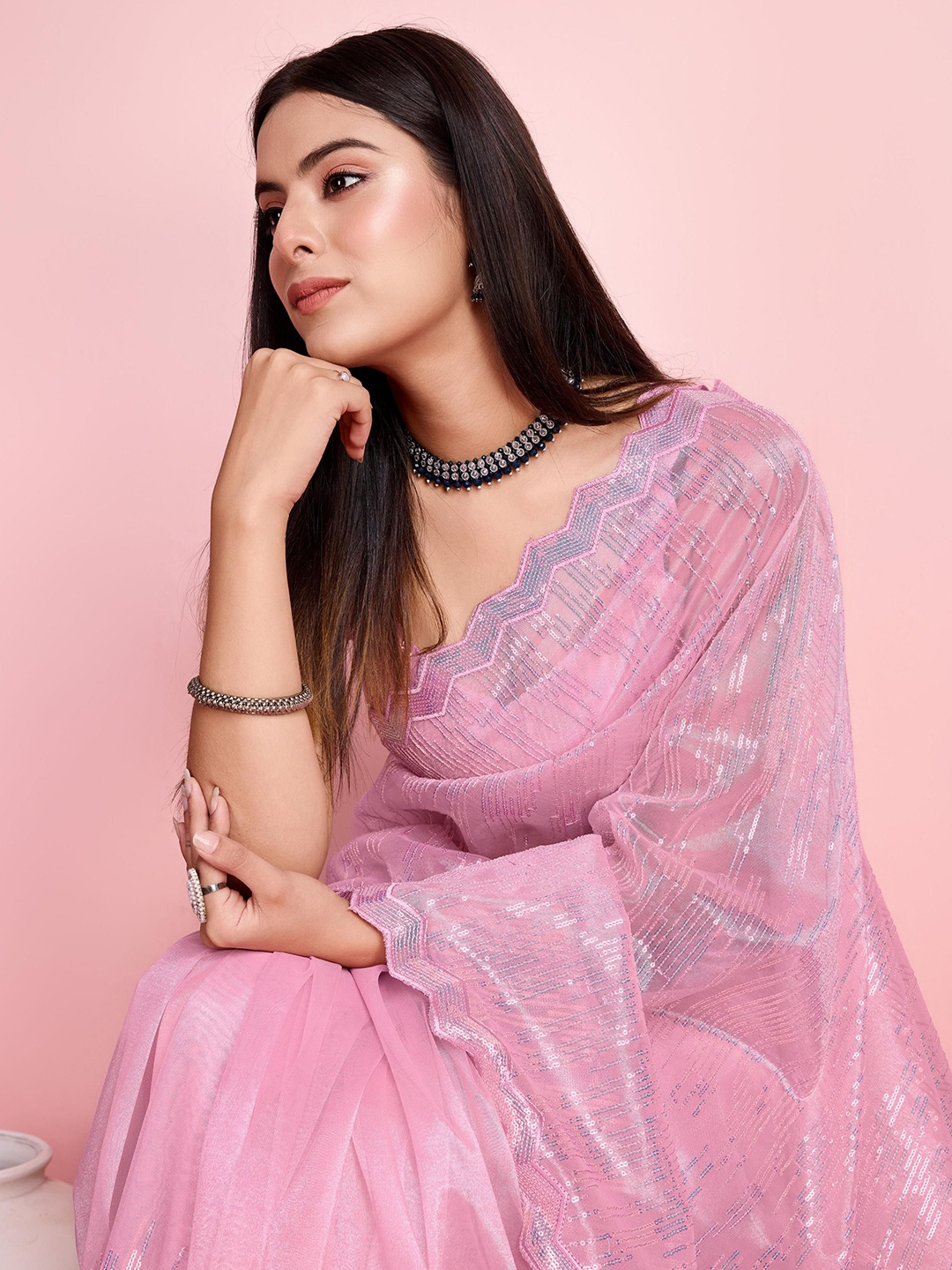 

HERE&NOW Embellished Sequinned Net Saree, Pink