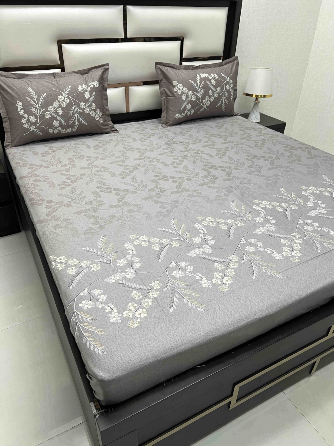 

Pure Decor Brown & Grey Floral 300 TC King Bedsheet with 2 Pillow Covers