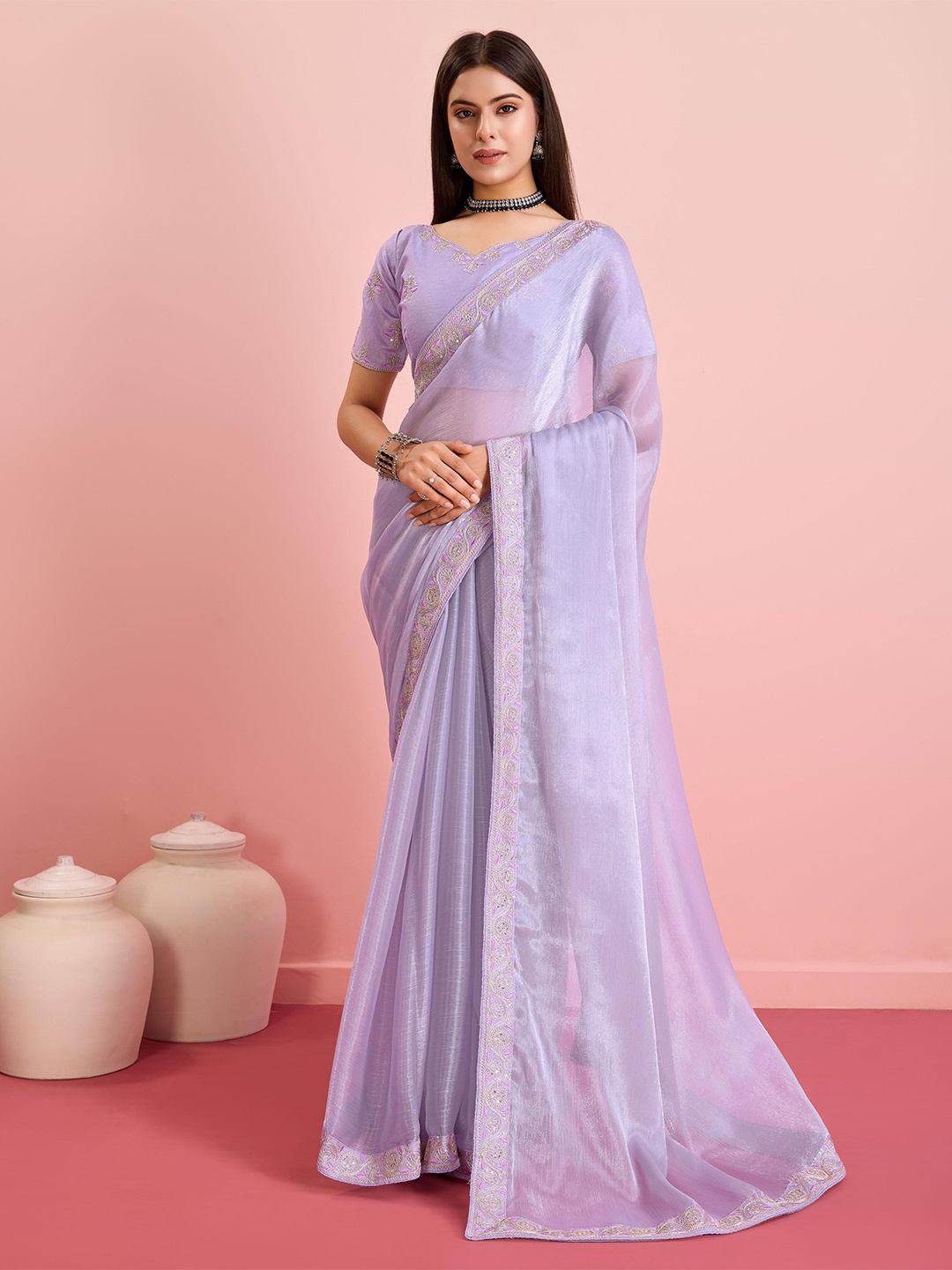 

HERE&NOW Embroidered Saree, Lavender