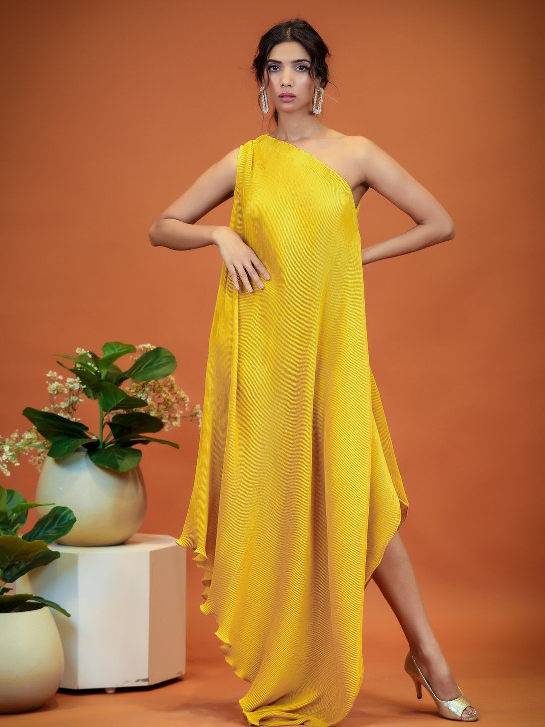 

KINA One Shoulder Crepe A-Line Maxi Dress, Yellow