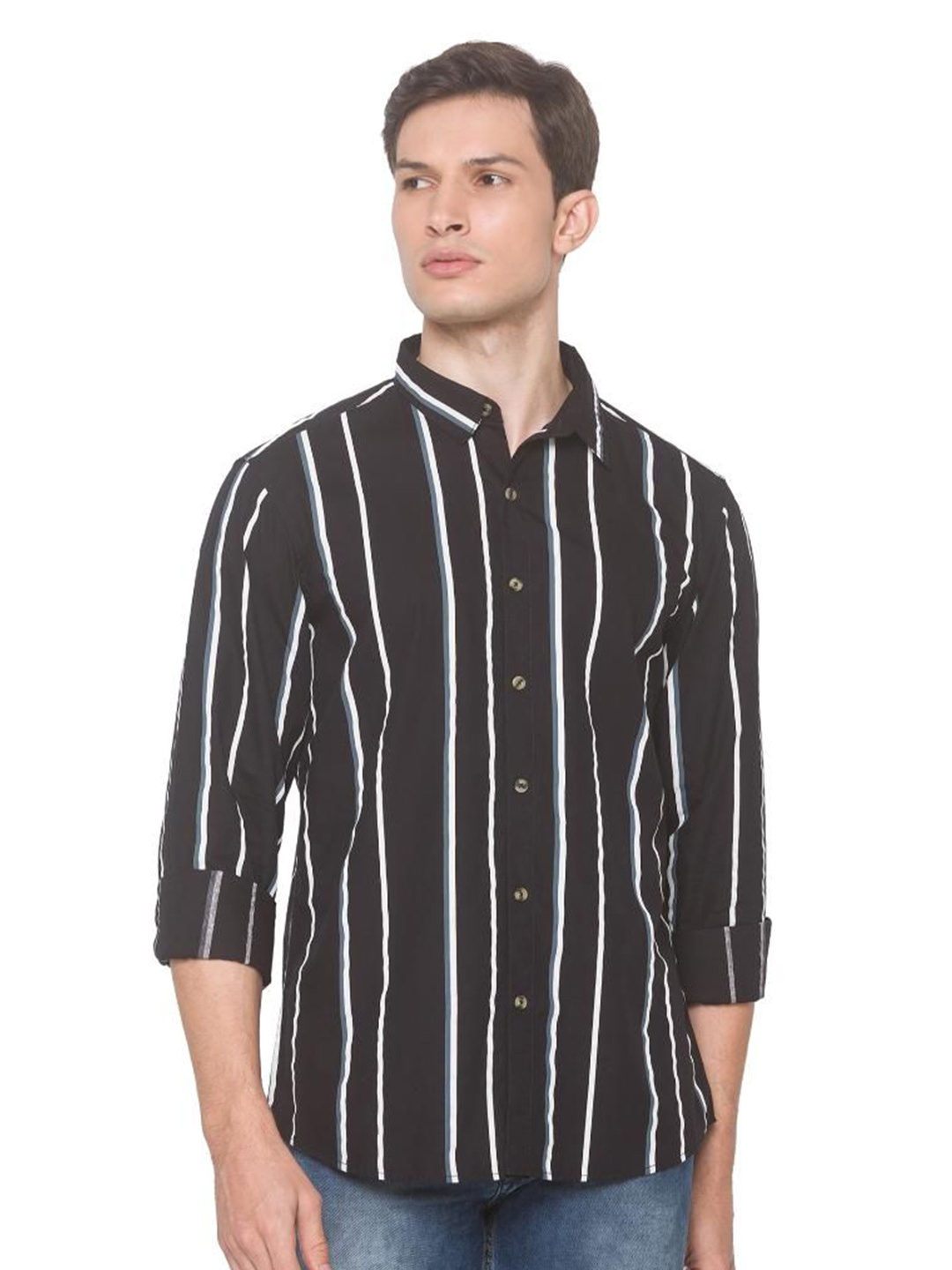 

SNX Men Tailored Fit Opaque Striped Casual Shirt, Black