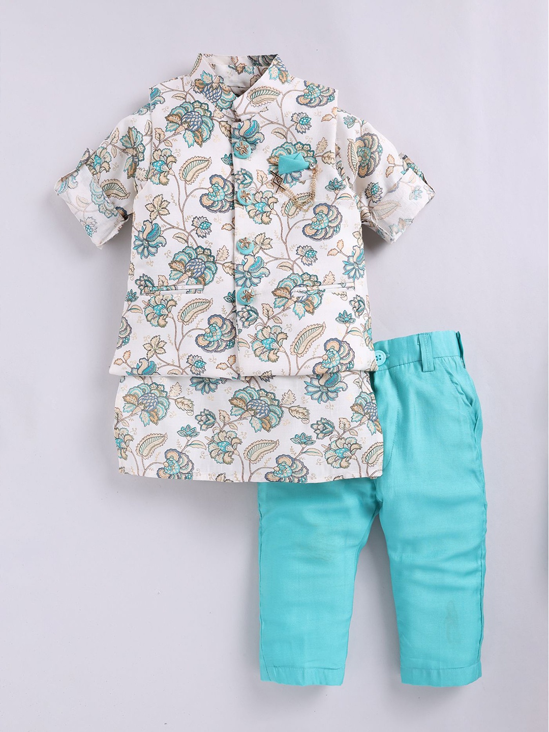 

LITTLE COLLARS Boys Floral Printed Roll Up Sleeves Casual Jacket Kurta Set, Blue