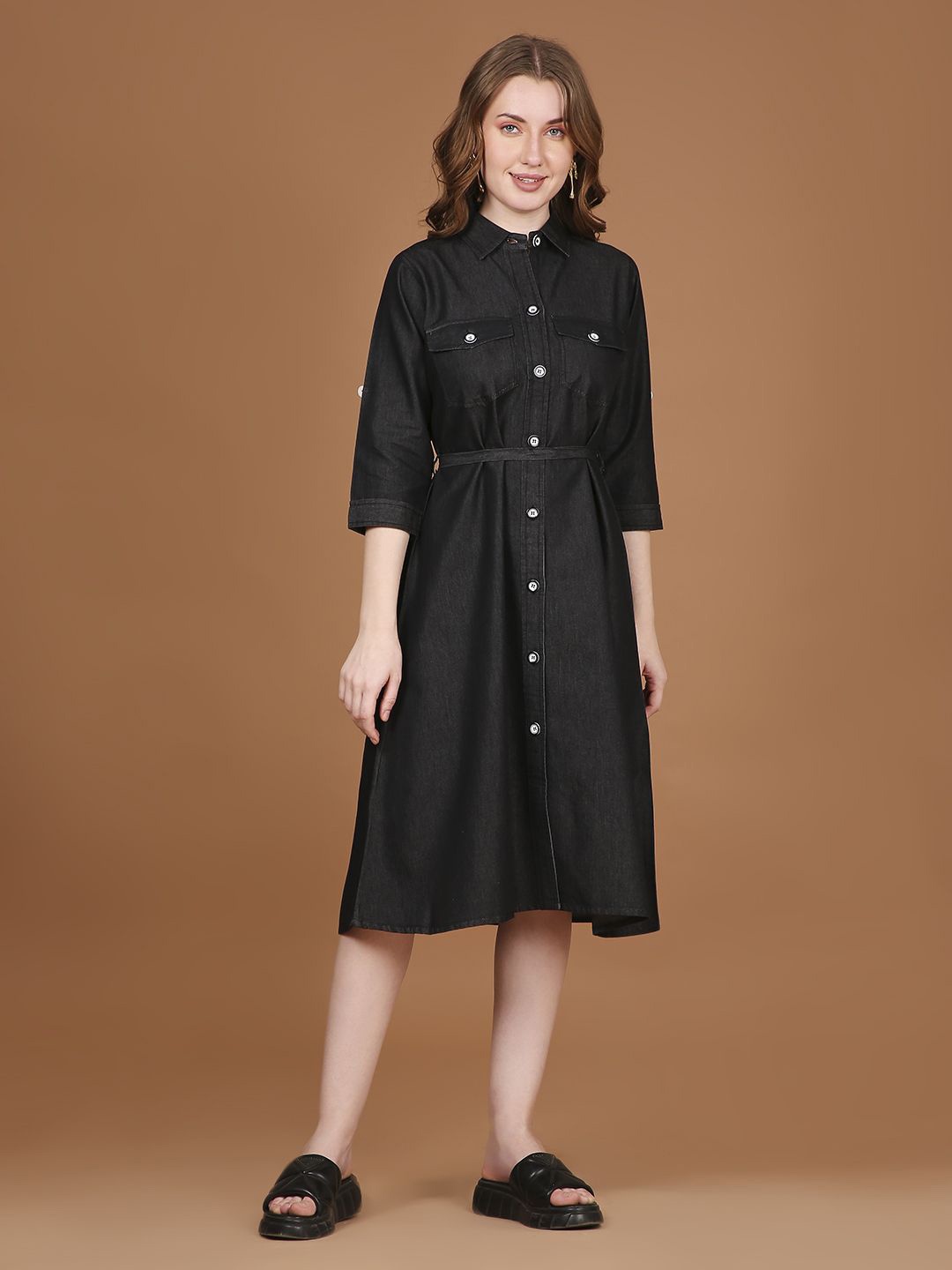 

NIGHTSPREE Denim A-Line Midi Dress, Black