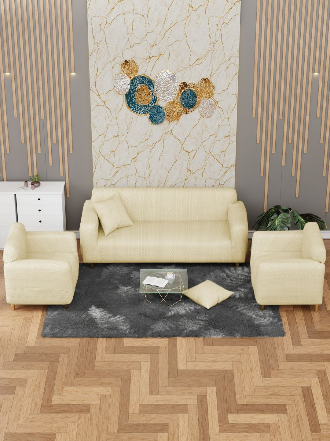 

Myntra Elegant Homes Yellow Printed Jacquard 5 Seater Sofa Cover With Arms