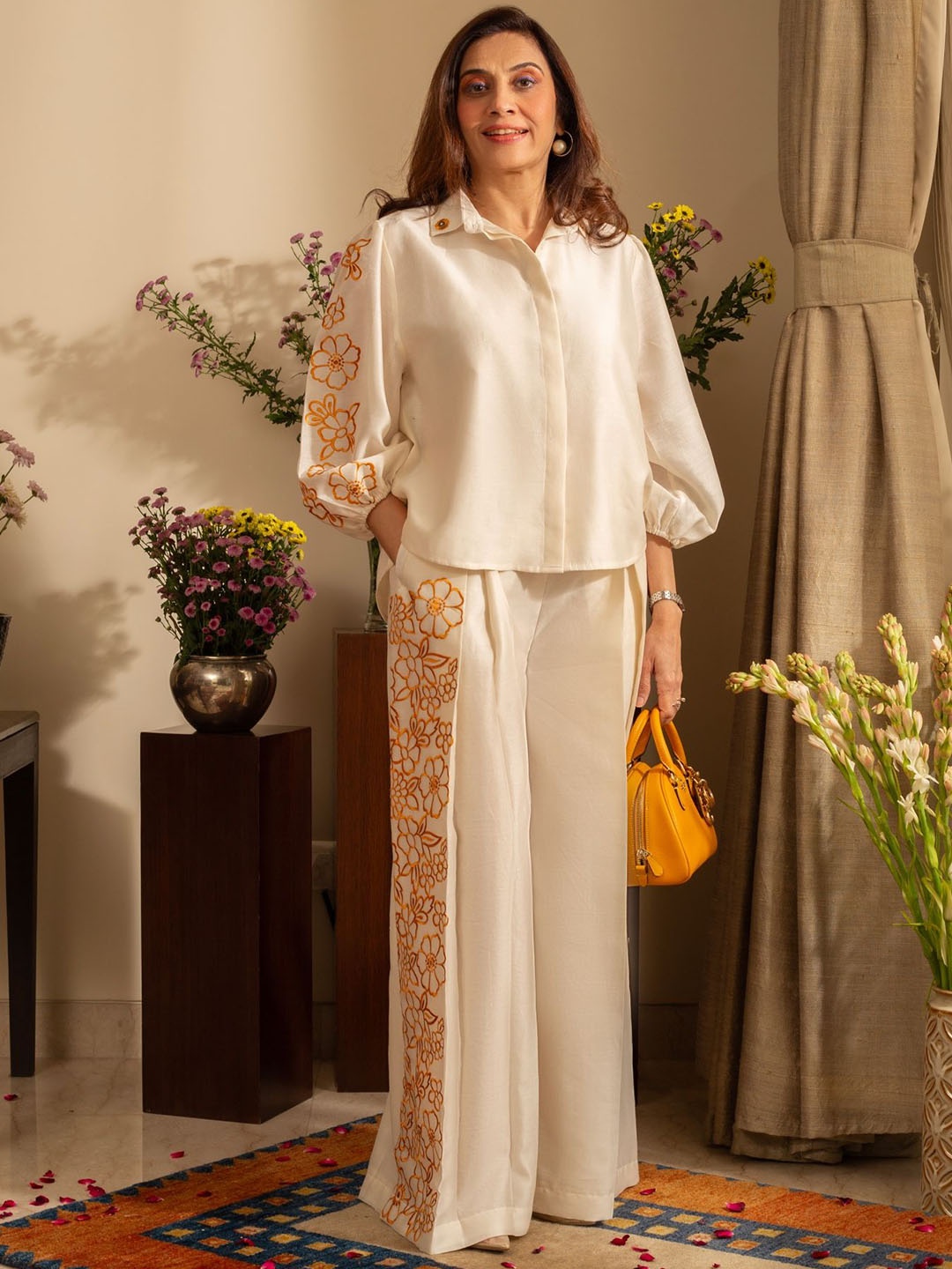 

HOUSE OF INARI Embroidered Shirt Collar Neck Shirt With Trousers Co-Ords, Off white