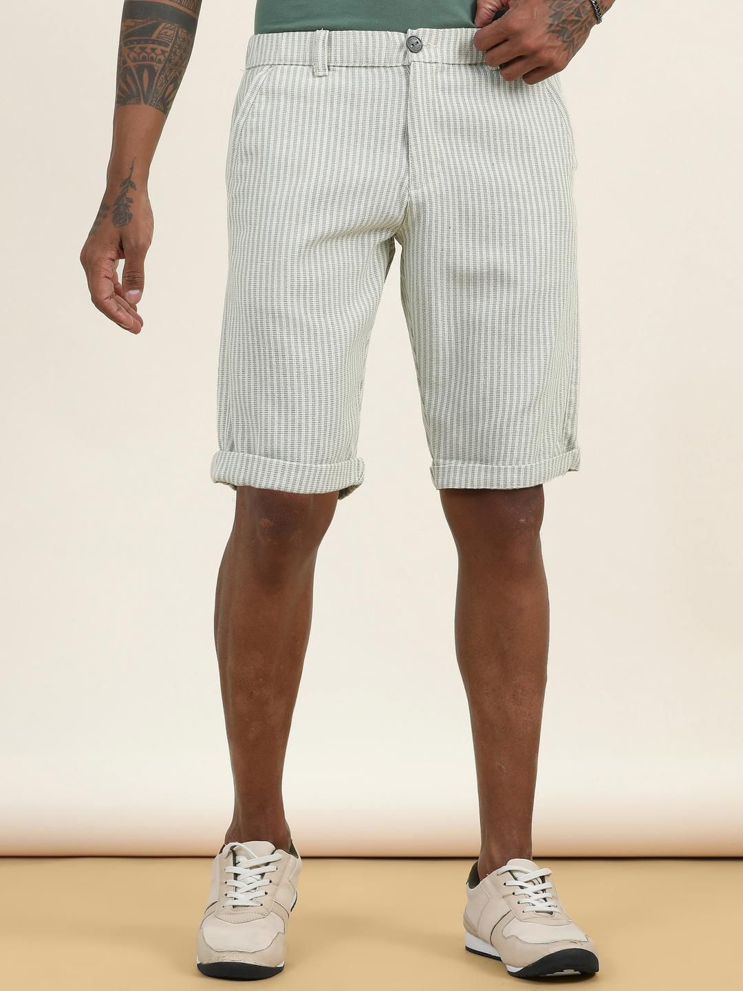 

beevee Men Striped High-Rise Technology Shorts, Green