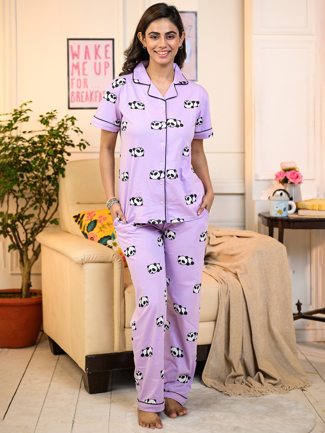 

NAP STORY Panda Printed Half Sleeves Shirt and Pyjama Nightsuit Set, Lavender