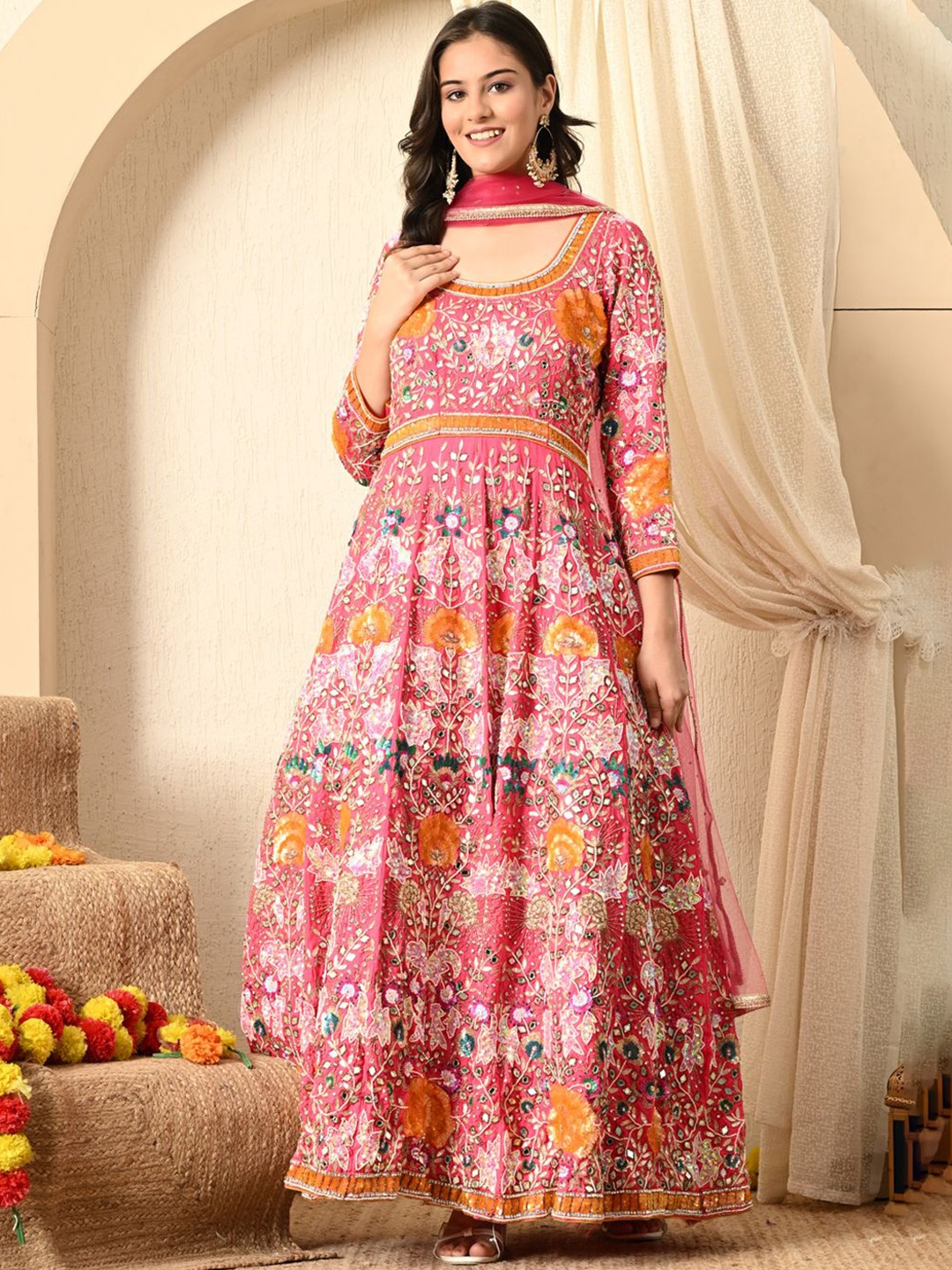 

ZARIKALI Women Ethnic Motifs Printed Empire Zardozi Pure Silk Kurta with Salwar & With Dupatta, Pink