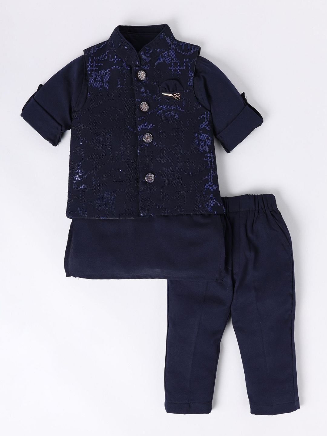 

LITTLE COLLARS Boys Mandarin Collar Kurta & Pyjama With Sequins Nehru Jacket, Blue