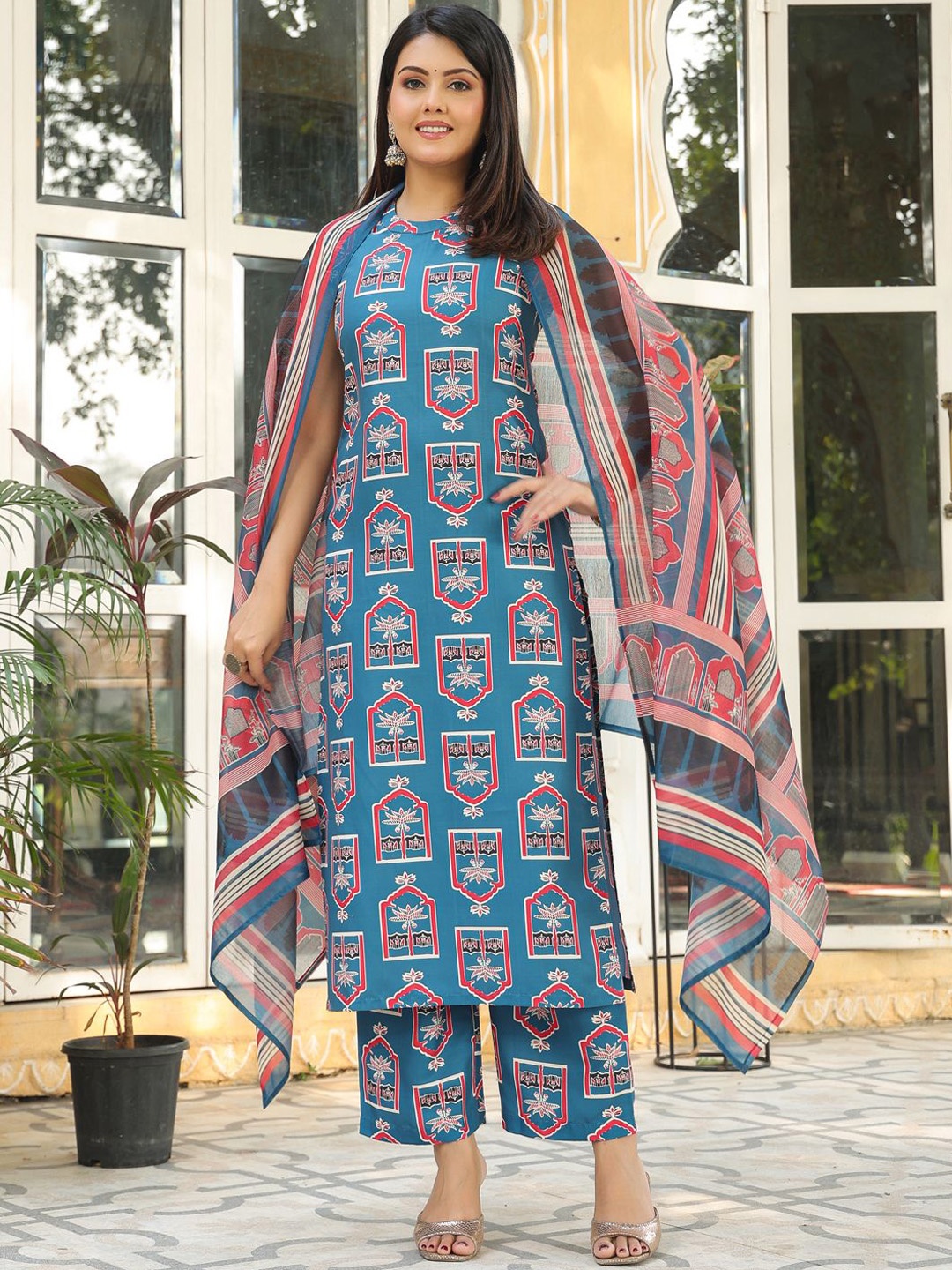 

KALINI Ethnic Motifs Printed Straight Kurta With Palazzos & Dupatta, Blue