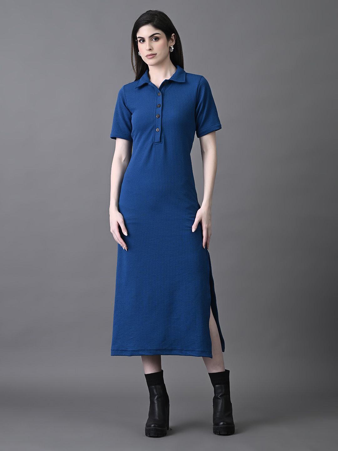 

The Roadster Lifestyle Co Women Shirt Collared Side Slit A-Line Midi Dress, Blue