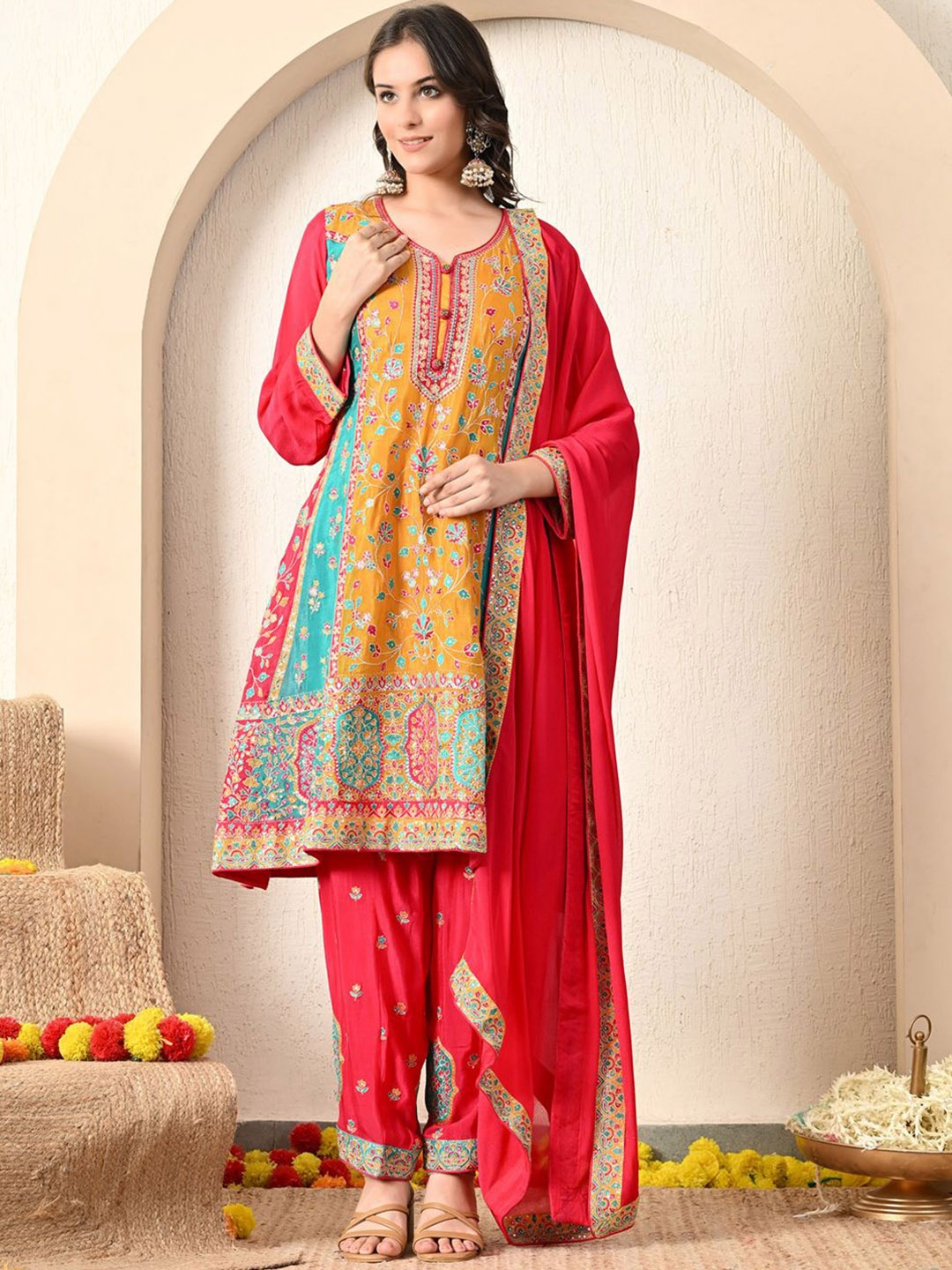 

ZARIKALI Floral Embroidered Thread Work A-Line Kurta With Salwar & Dupatta, Yellow