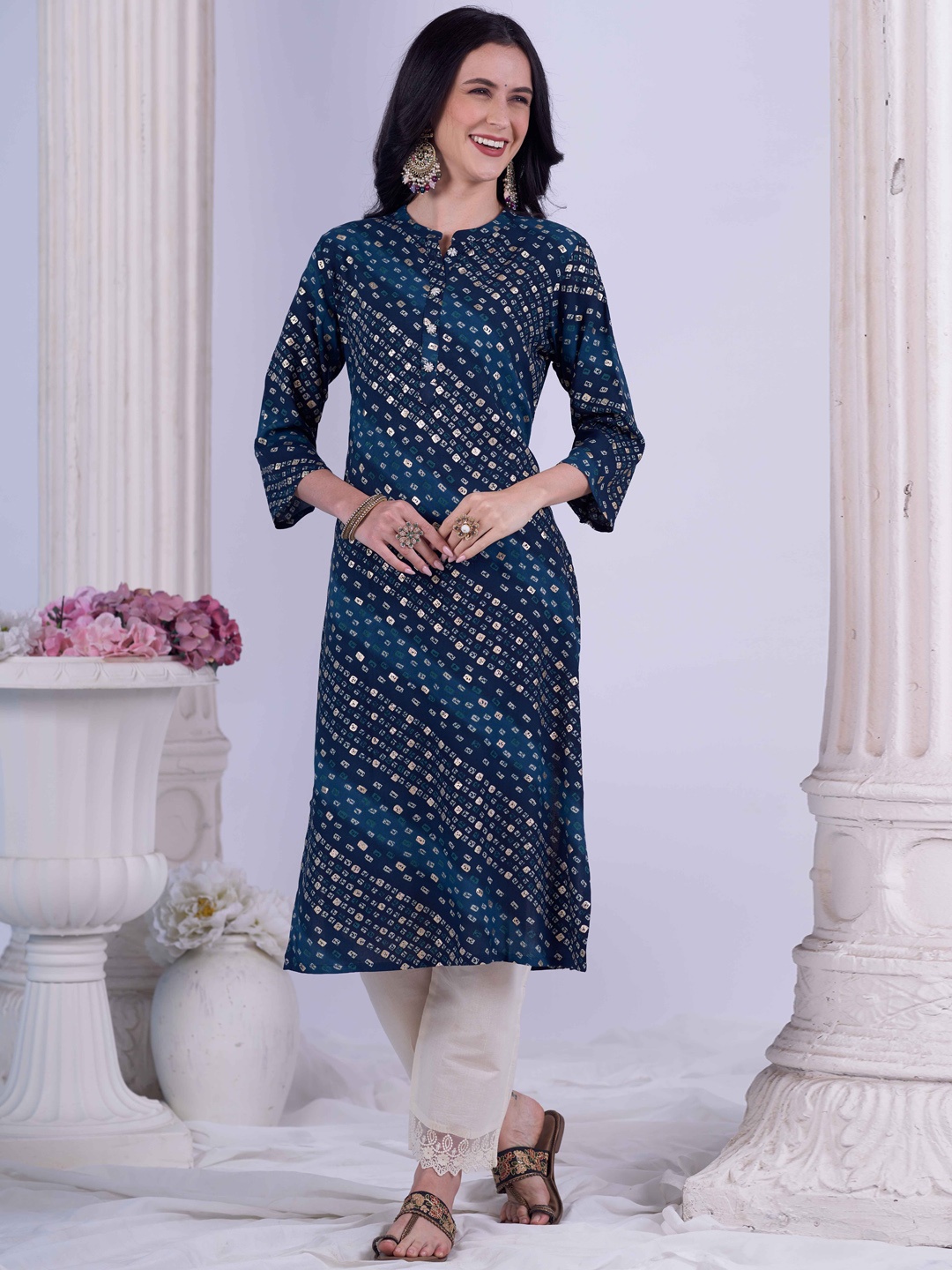 

Anouk Women Bandhani Printed Thread Work Kurta, Blue