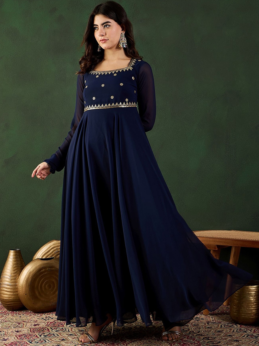 

Sangria Women Floral Zari and Sequined Embroidered Fit - Flare Ethnic Dress, Navy blue