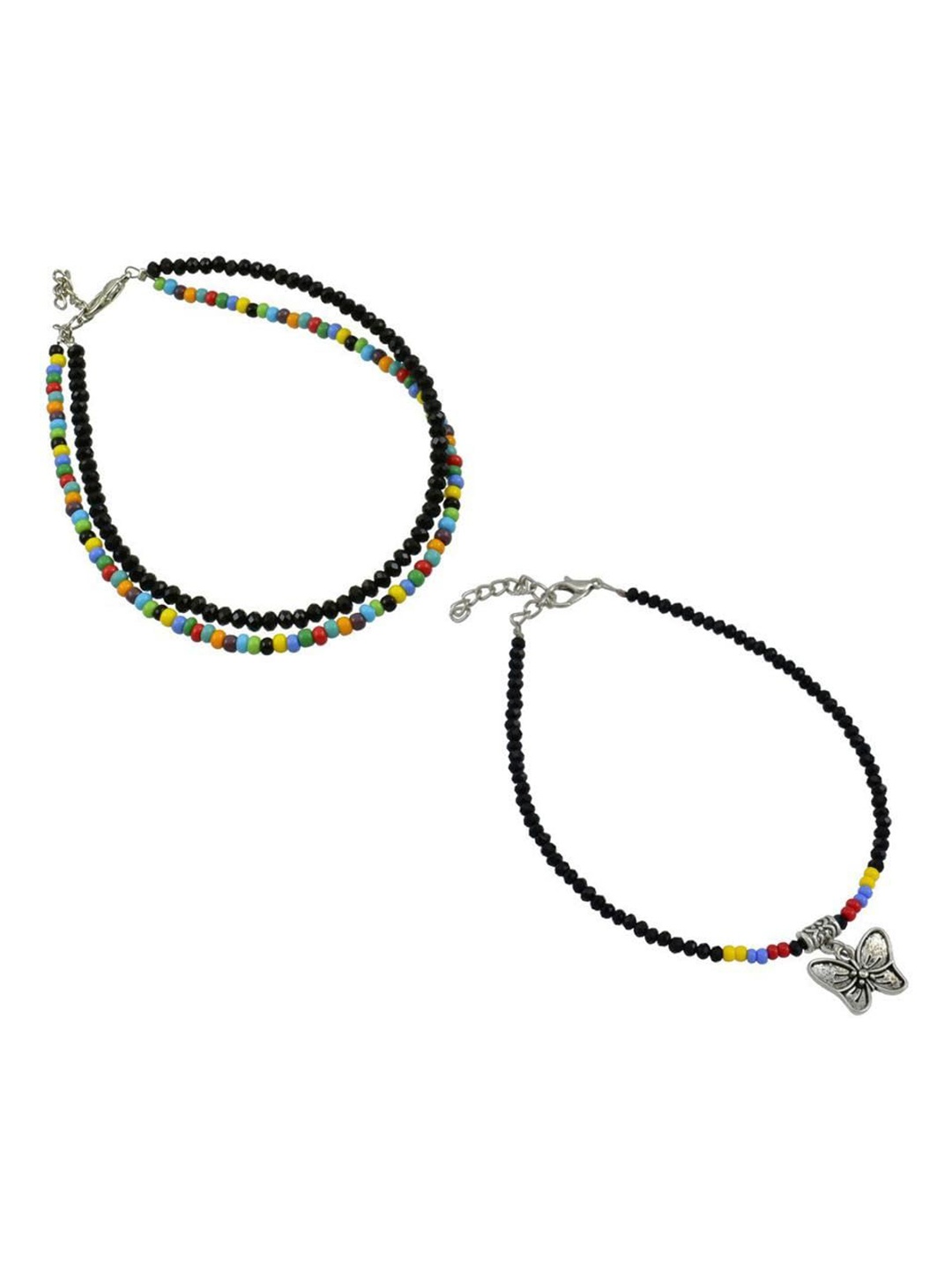 

HIGH TRENDZ Set Of 2 Beaded Single Leg Anklets, Silver