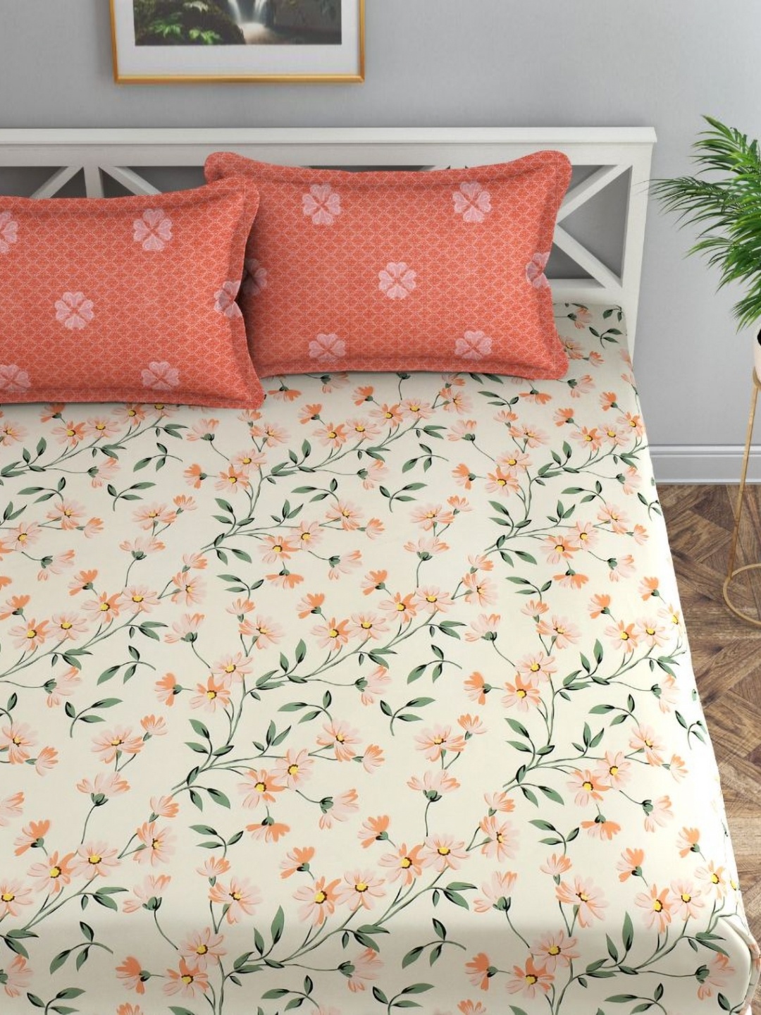 

Florida Beige & Green Floral 200 TC Queen Bedsheet with 2 Pillow Covers