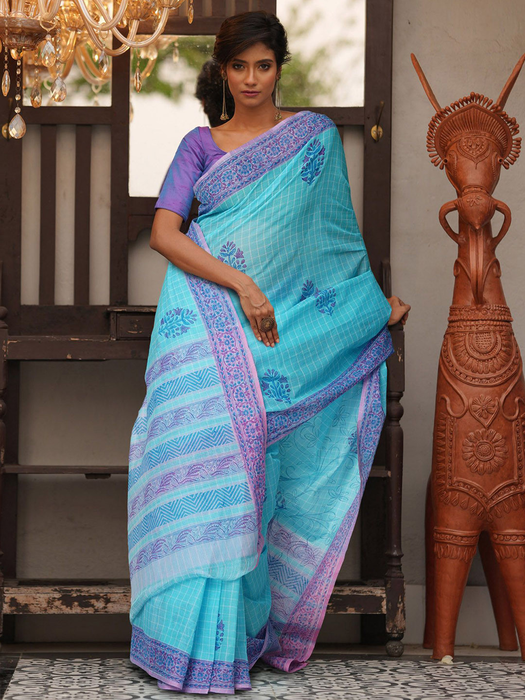 

Unnati Silks Floral Pure Cotton Handloom Mangalagiri Saree, Blue