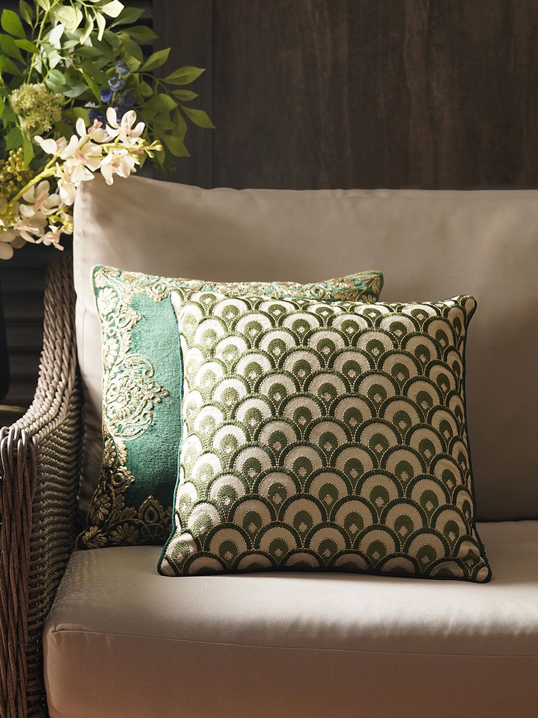 

Pure Home and Living Green & Off White Geometric Square Cushion Covers