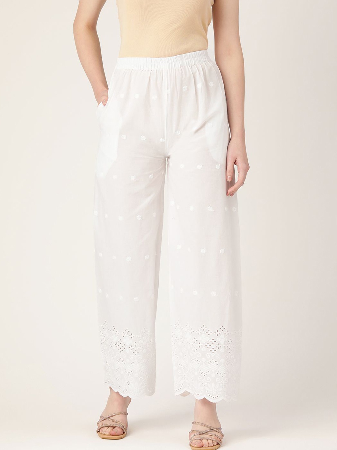 

FERANOID Women Floral Embroidered Ethnic Palazzos, White