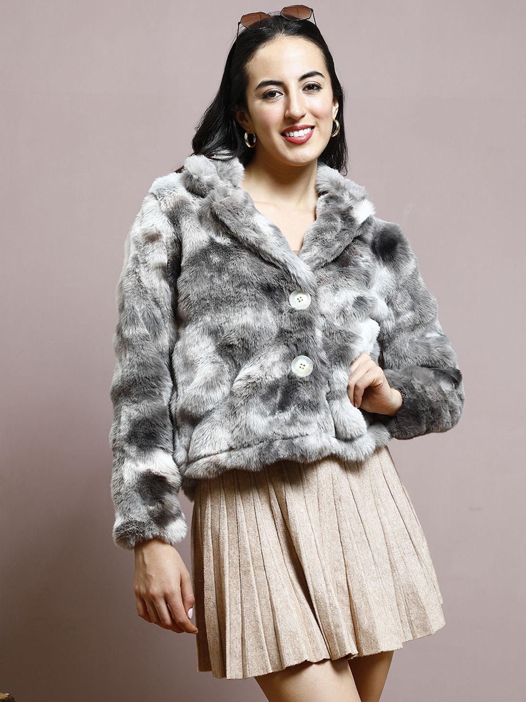 

Athena Women Self Designed Notched Lapel Single-Breasted Fur Coat, Grey