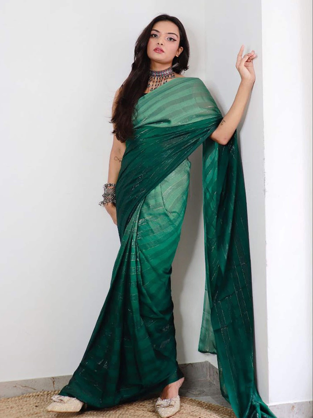 

KAYOMMI Ombre Pure Georgette Ready to Wear Saree, Green