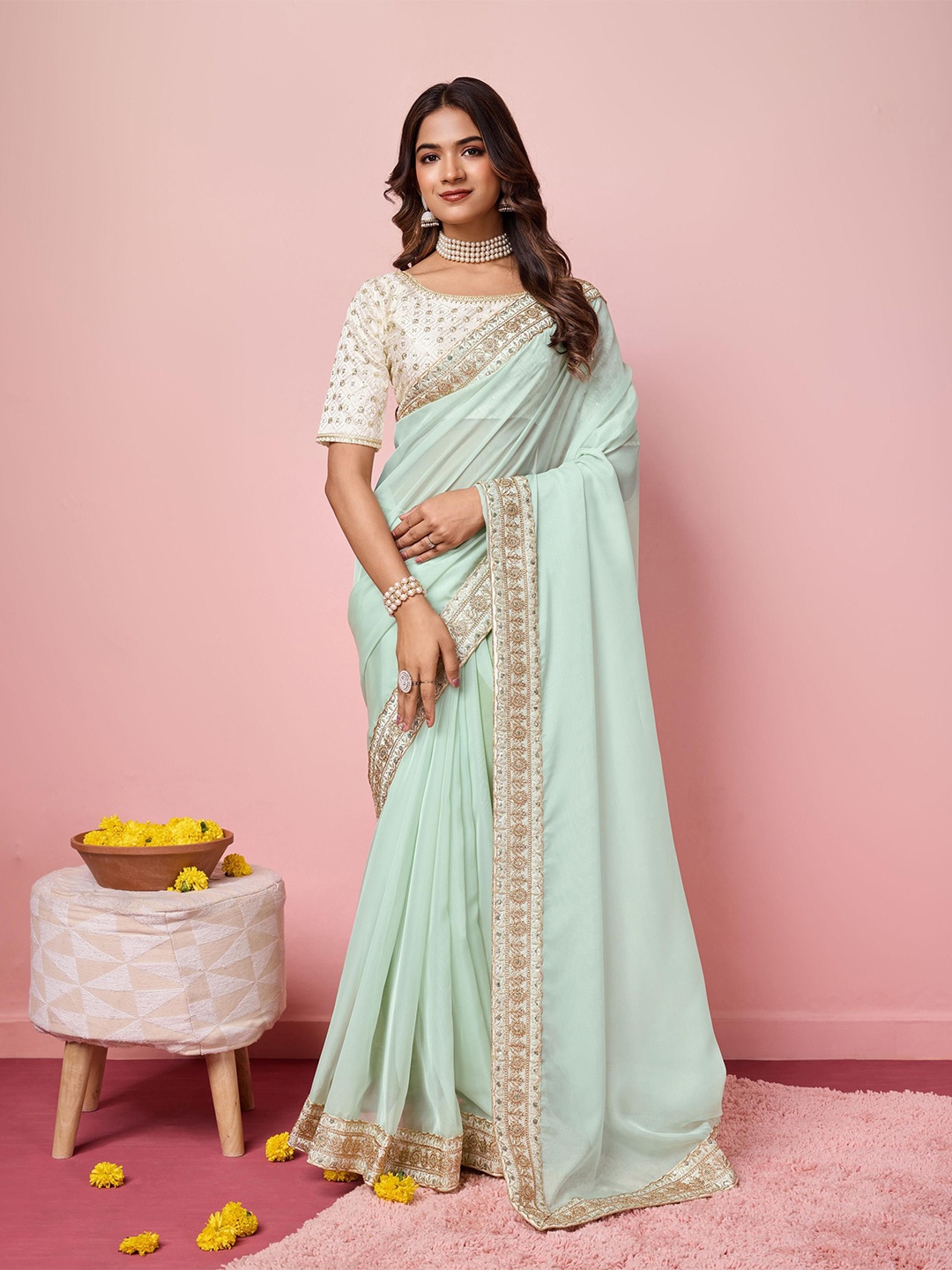 

HERE&NOW Embellished Sequinned Organza Saree With Blouse Piece, Turquoise blue