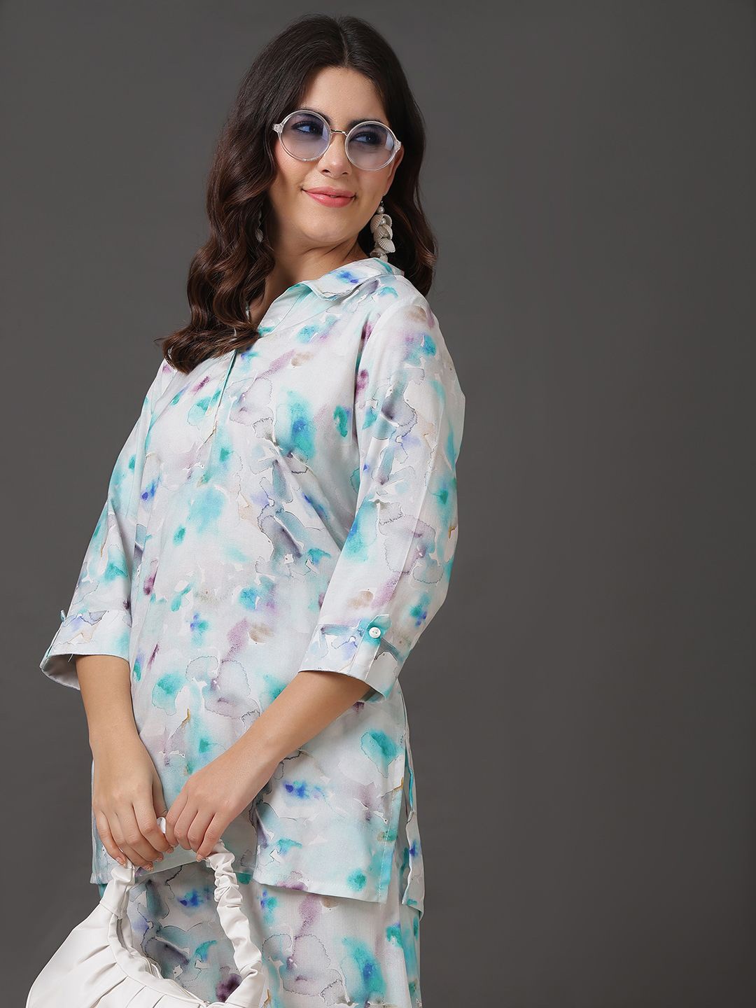 

Anouk Shirt Collar Printed Tunic With Trouser, White
