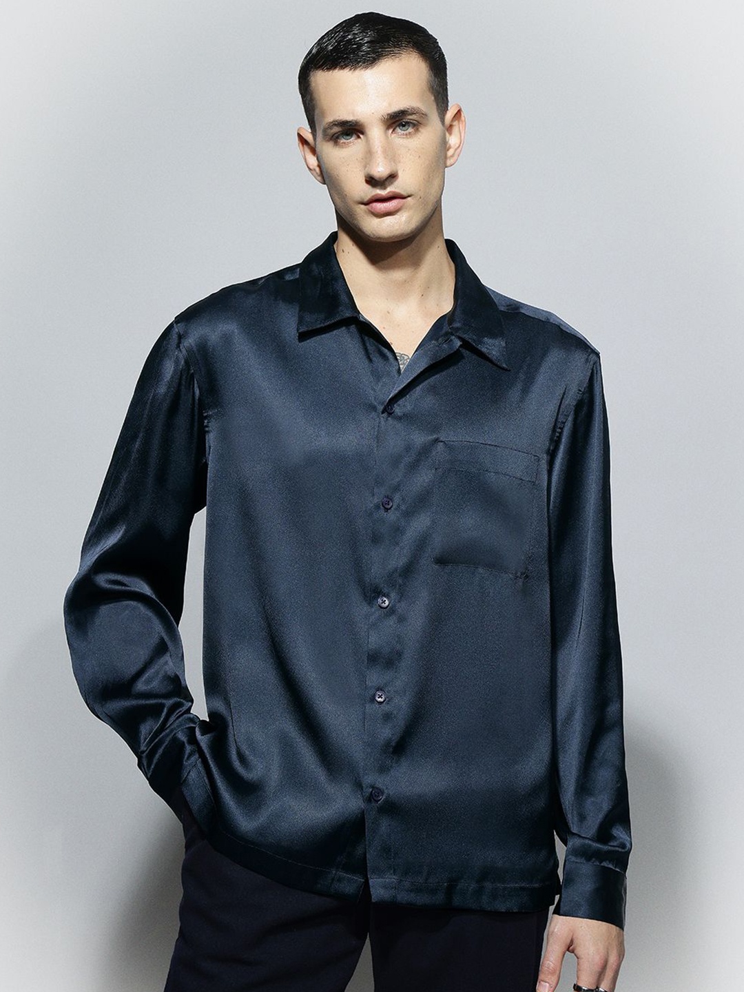 

H&M Regular Fit Satin Shirt, Navy blue