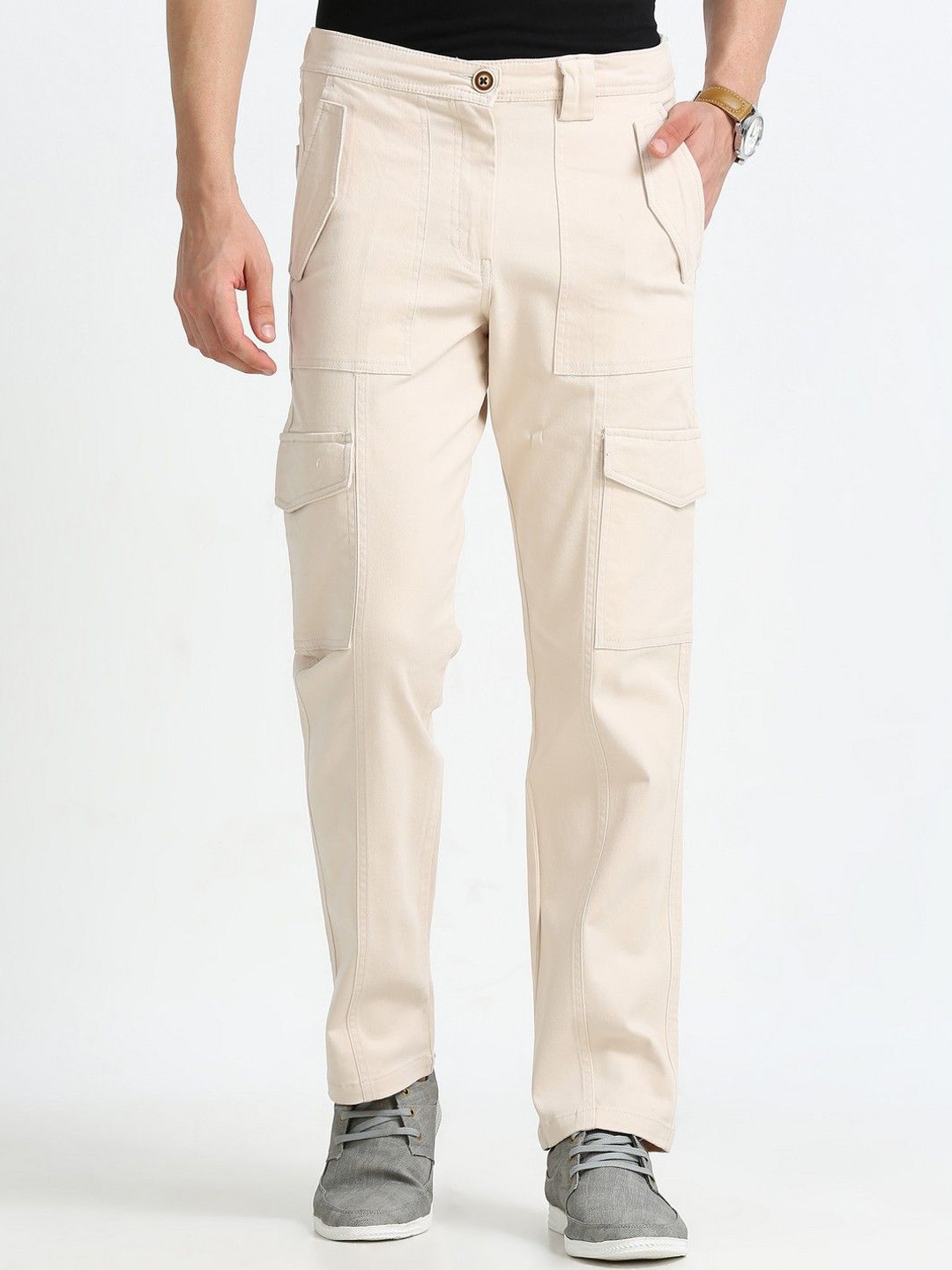 

NEVER NEUD Men Relaxed Straight Fit Bolsillo Cargos Trousers, Cream