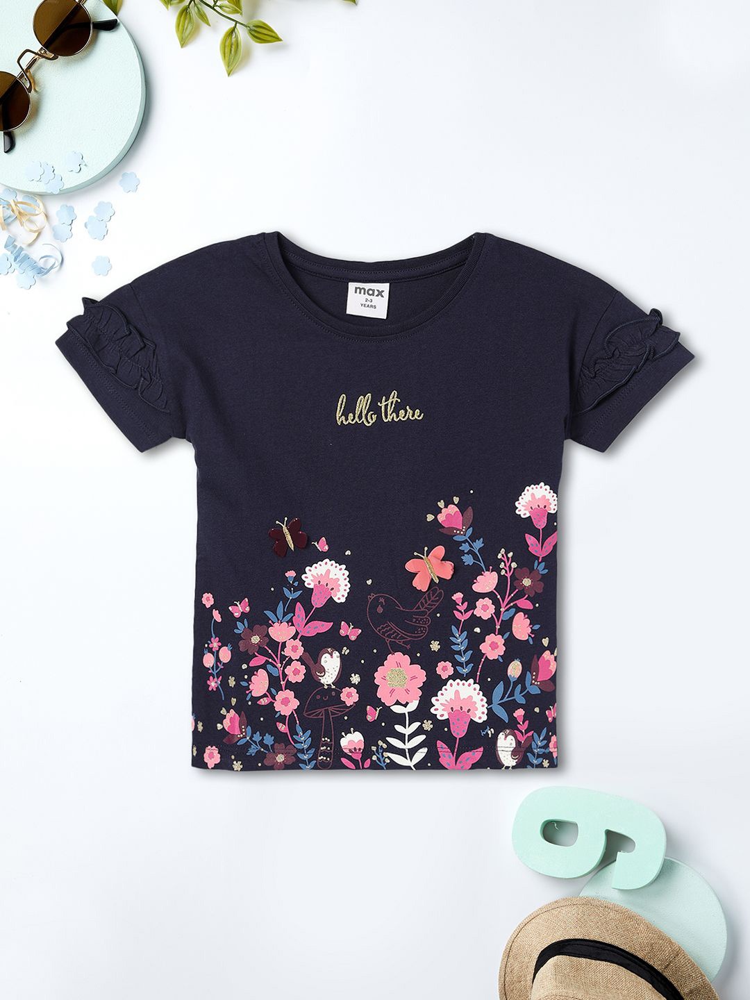 

max Floral Print Cotton Top, Navy blue