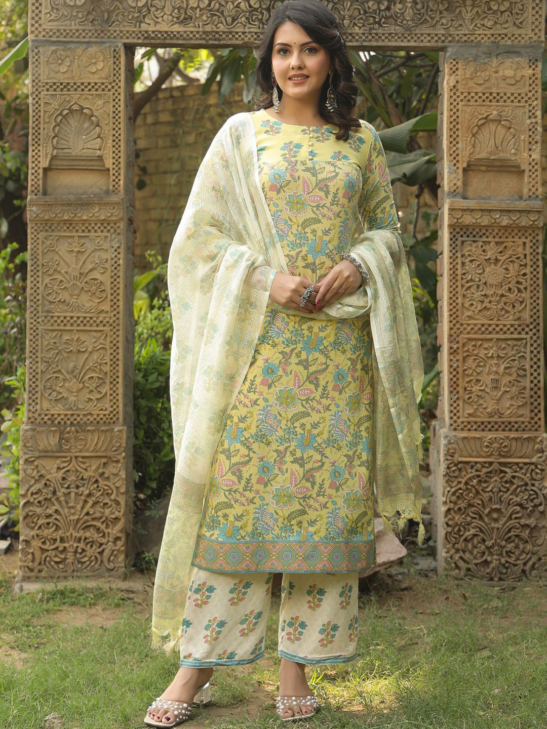 

KALINI Round Neck Floral Printed Straight Kurta with Palazzos & Dupatta, Green