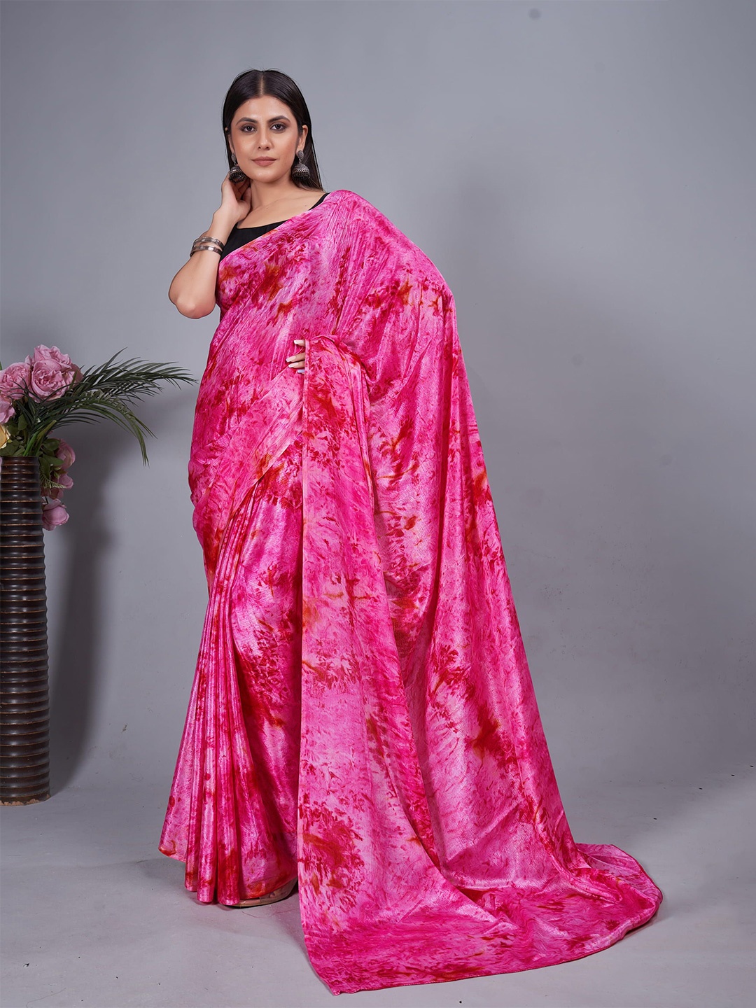 

KAYOMMI Tie and Dye Pure Chiffon Ready to Wear Saree, Pink