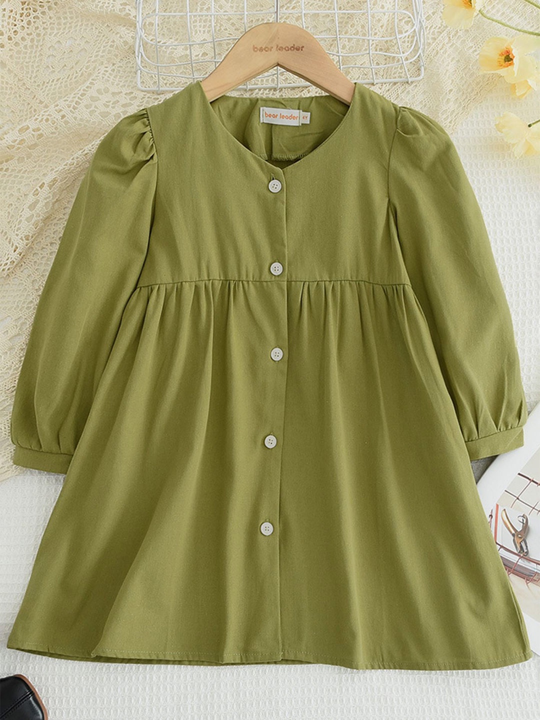 

LULU & SKY Girls Pure Cotton V-Neck Fit & Flare Dress, Green