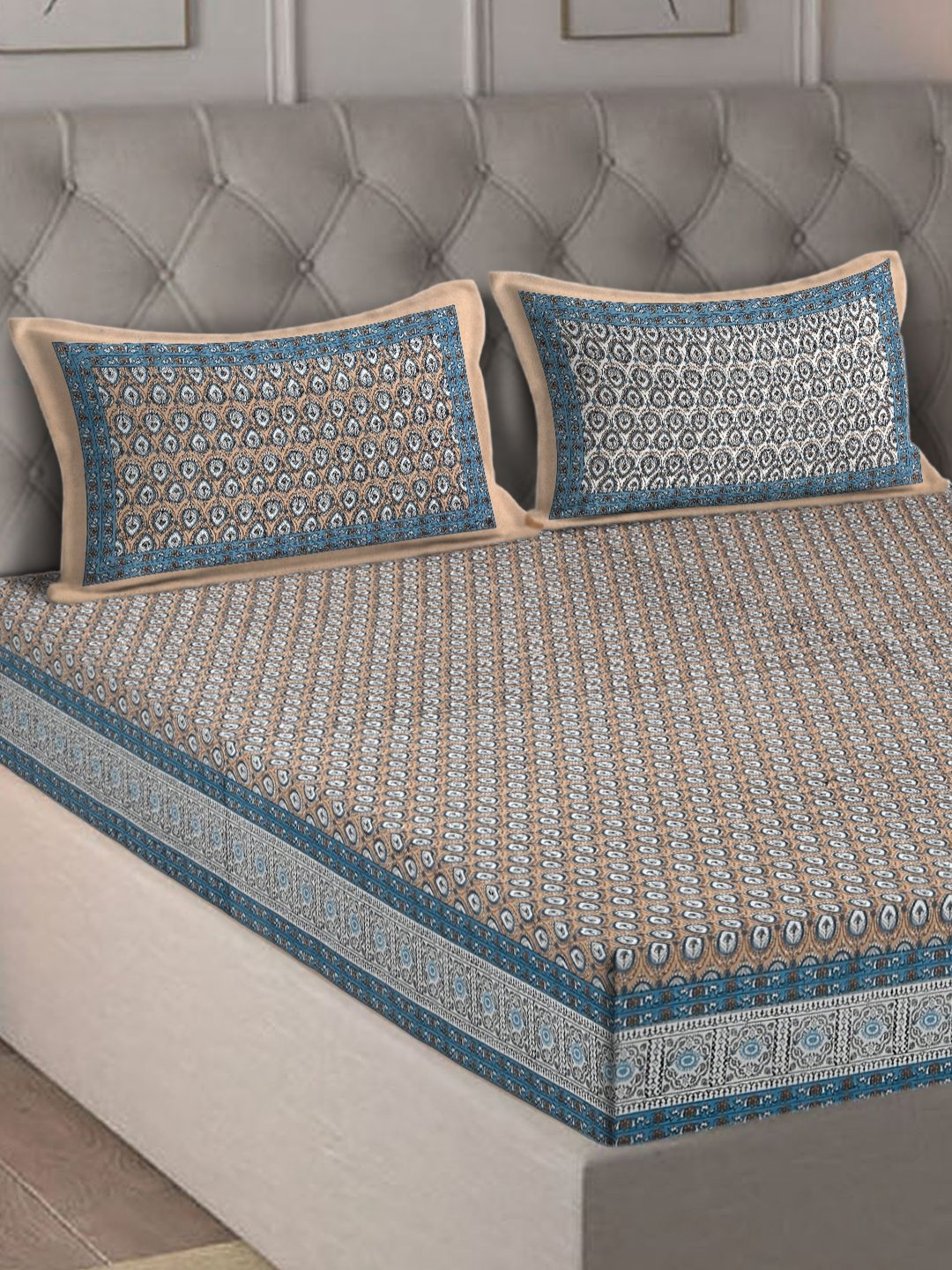 

eyda Brown & Blue Floral 180 TC King Bedsheet with 2 Pillow Covers