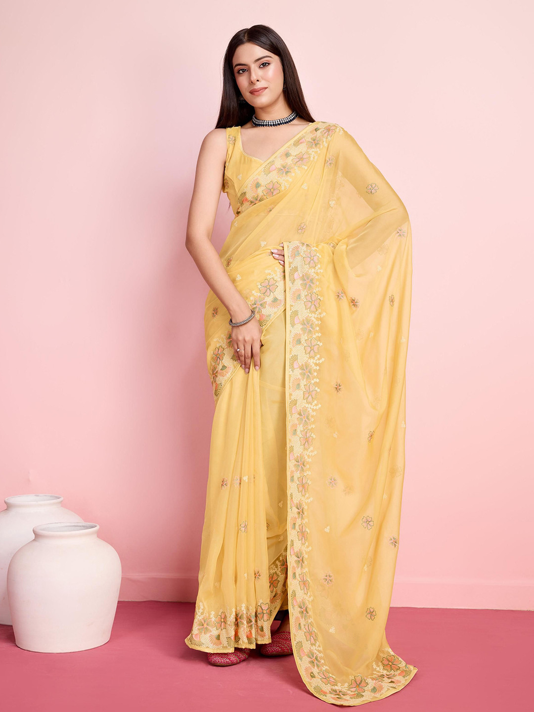 

HERE&NOW Women Floral Embroidered Organza Saree, Yellow