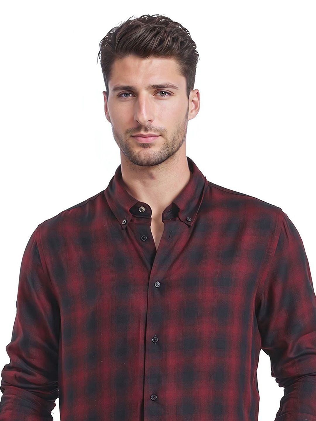 

RARE RABBIT Men Comfort Button-Down Collar Checked Cotton Casual Shirt, Maroon