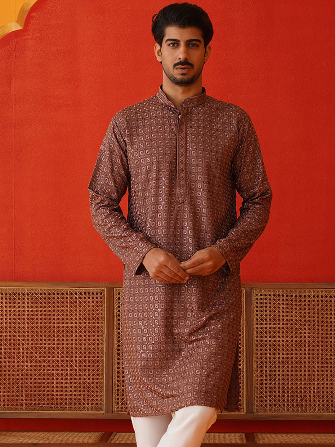 

Jompers Men Geometric Embroidered Sequinned Kurta, Rust