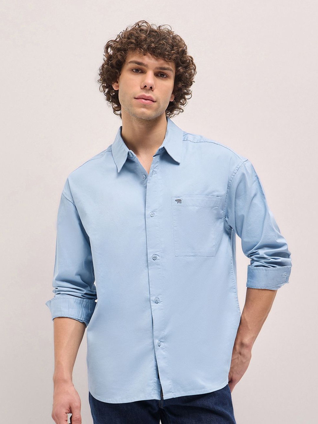 

THE BEAR HOUSE Men Spread Collar Solid Cotton Relaxed Fit Casual Shirt, Blue